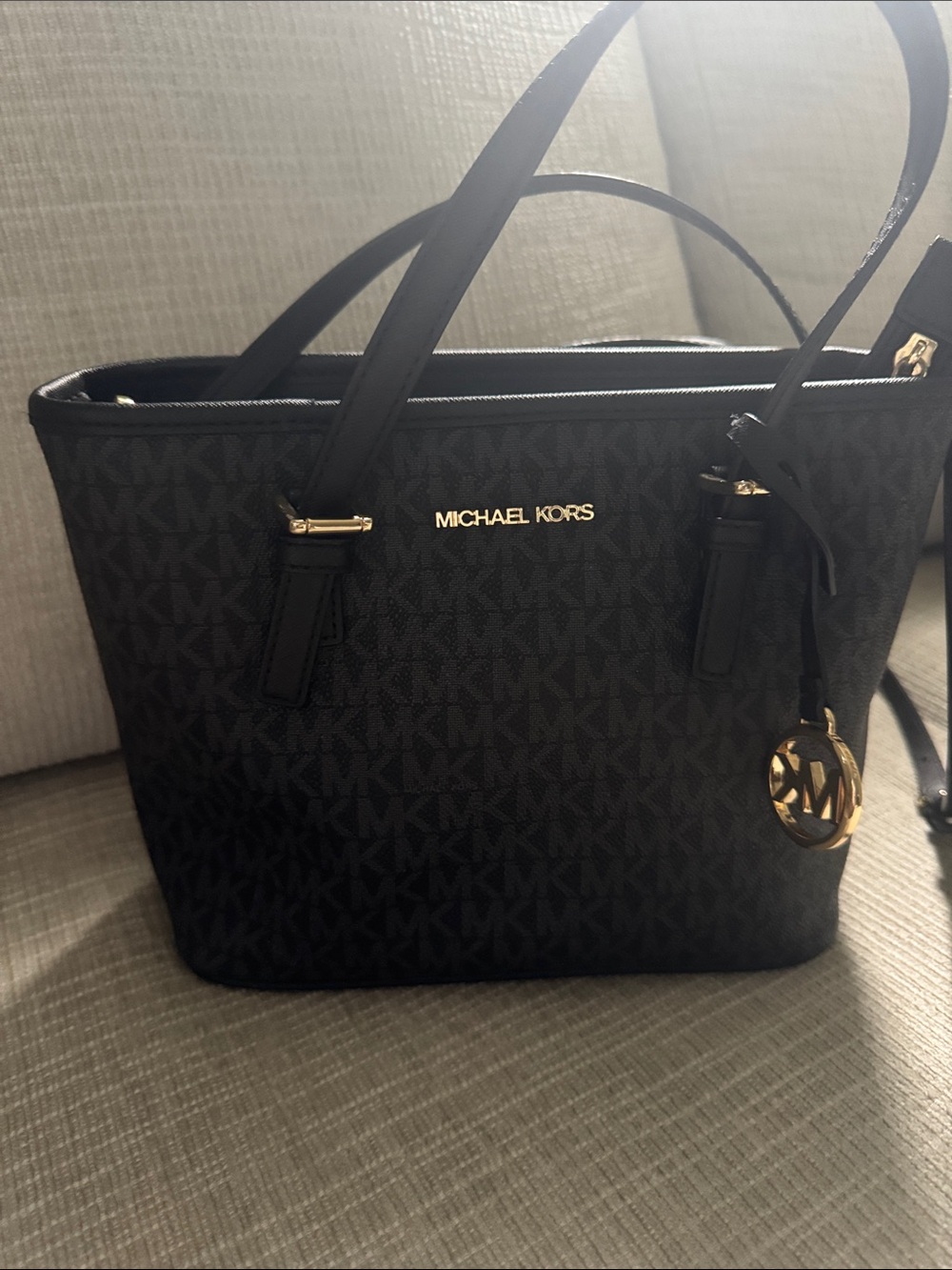Michael Kors Black Monogram Tote with Gold Accent Charm